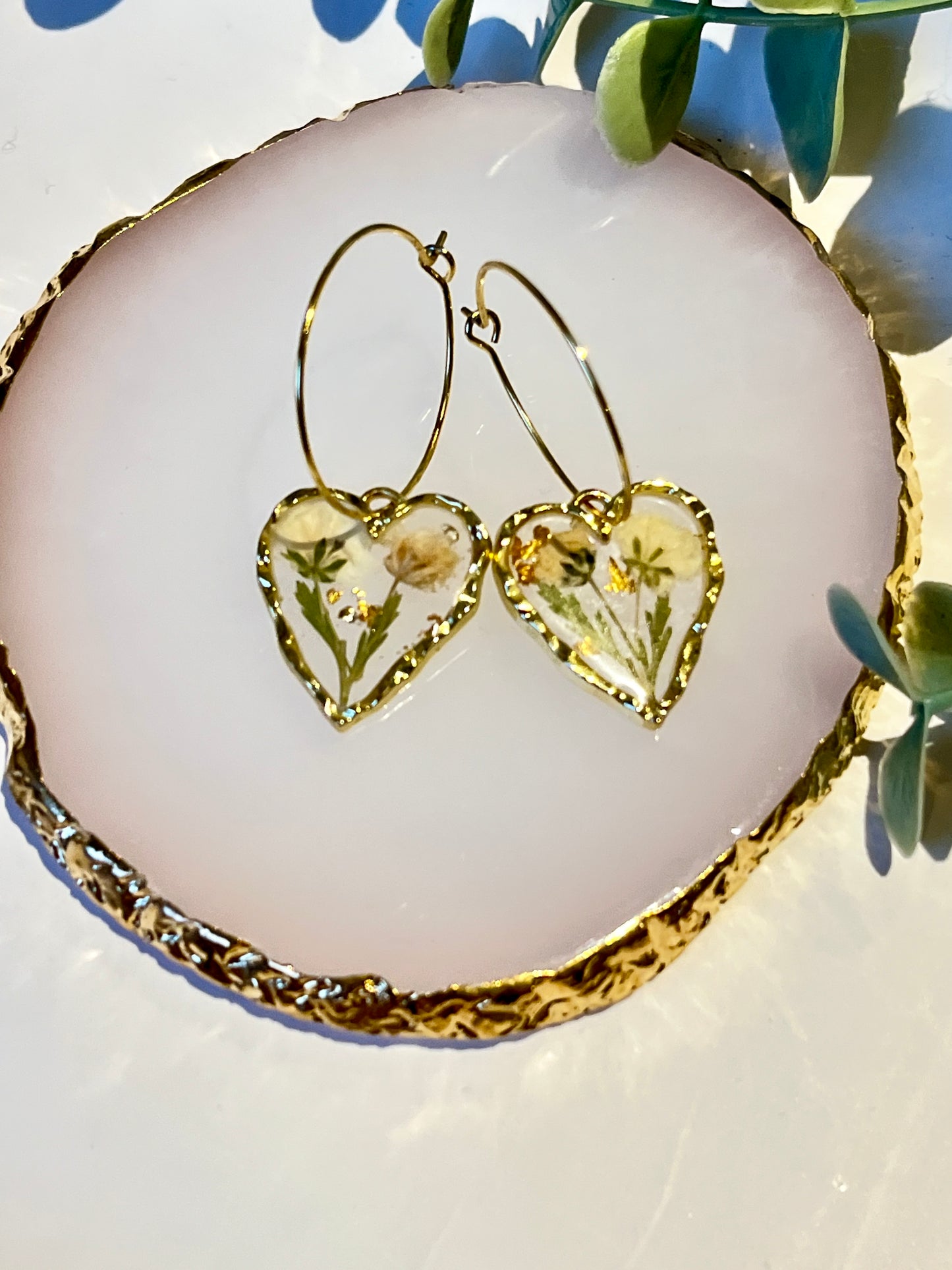Gold heart hoop flower earrings