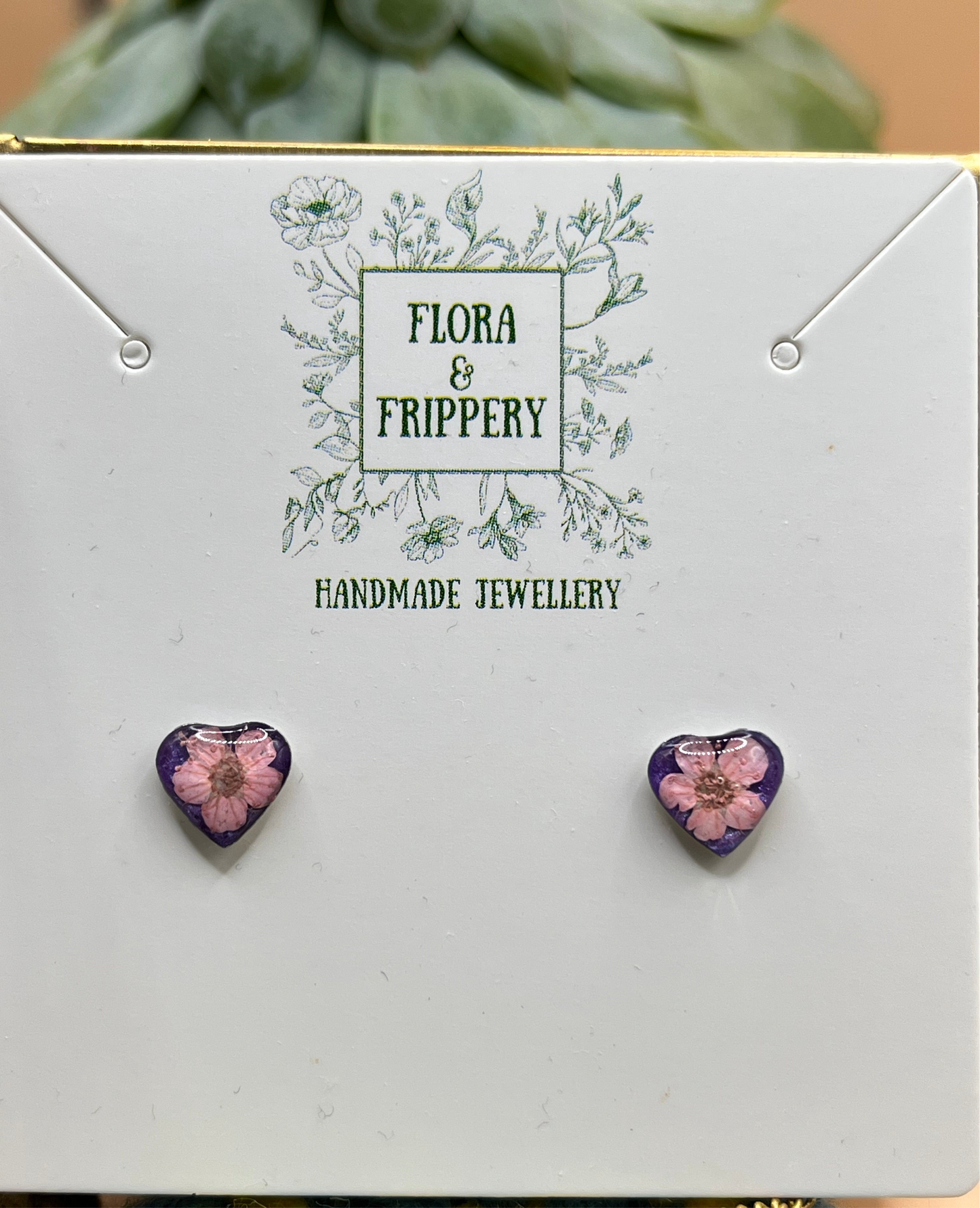 Small Pink Flower Heart Stud Earrings